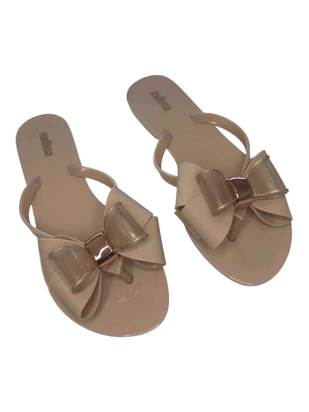 Melissa Jelly Flip Flop Sandals Beige Bow with Metallic Accent Women’s Size 7